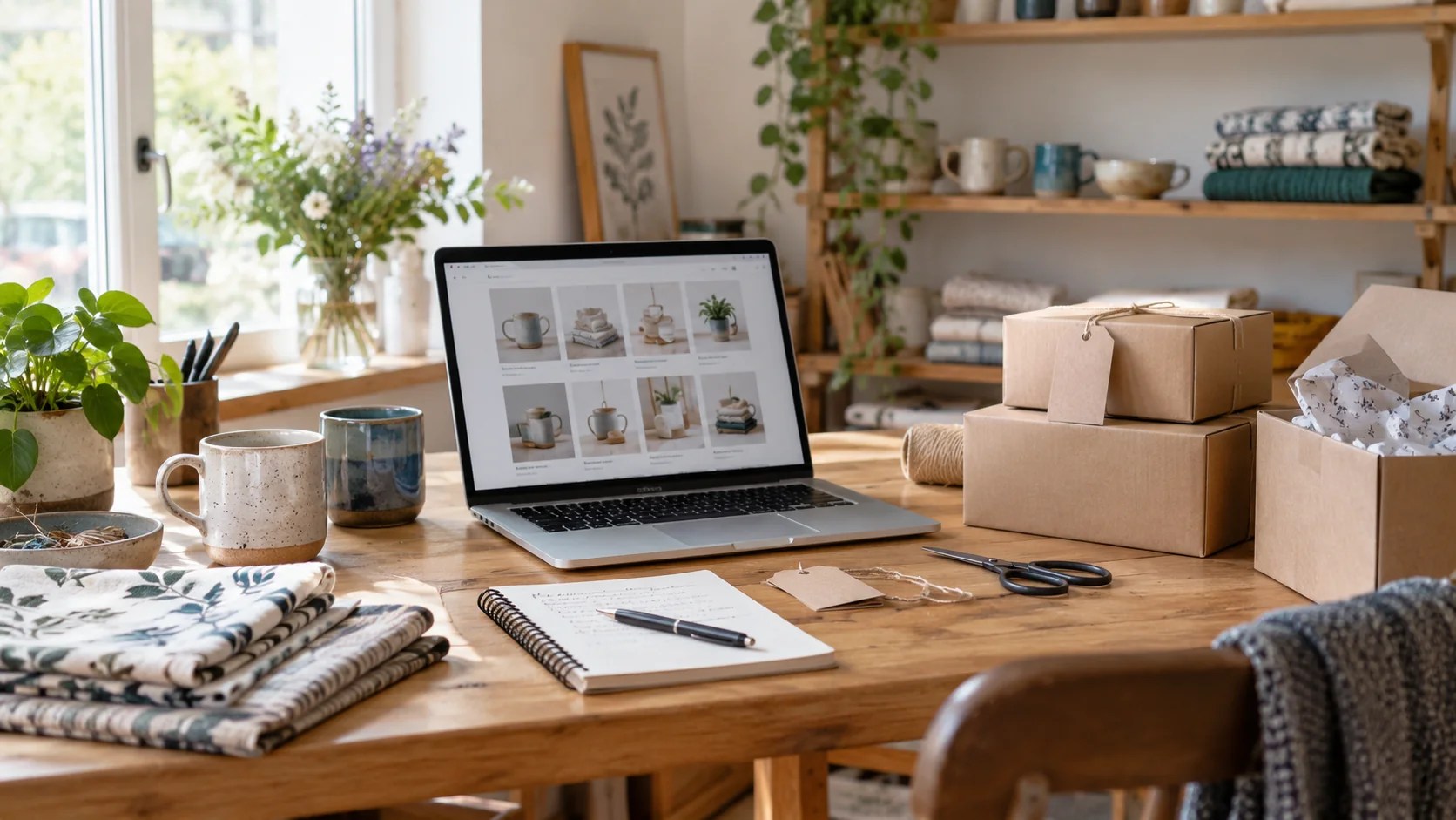 Small online shop worktable with laptop, craft products and packaging