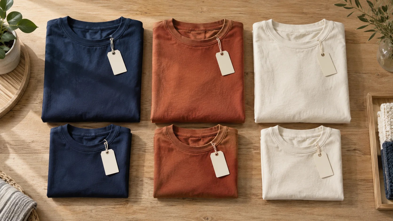 Six folded shirts in navy, rust and cream arranged for product variation planning