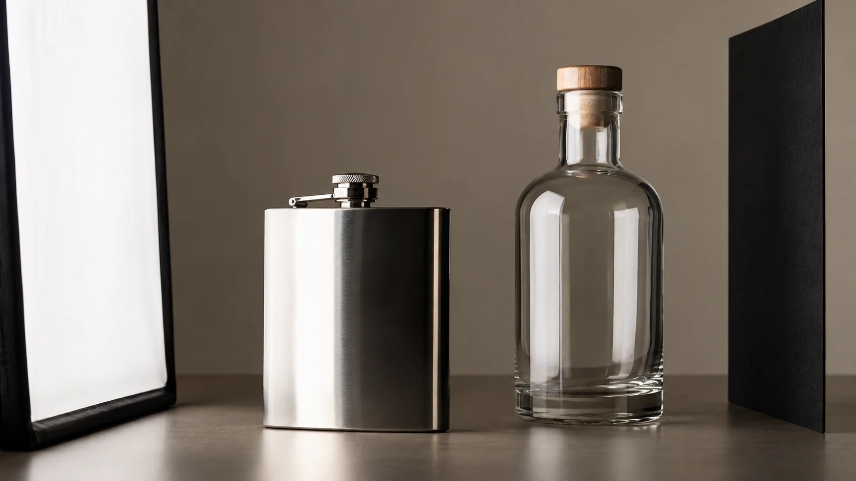 Illustrative glass bottle and metal flask beside a diffusion panel and black card