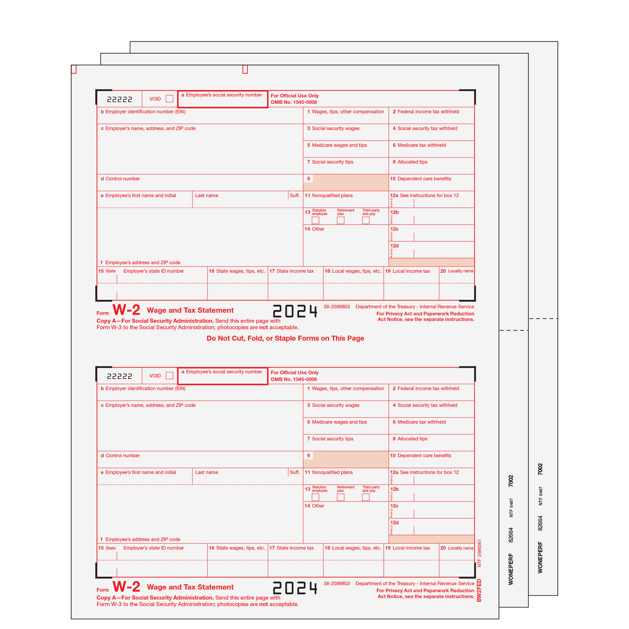 Traditional W-2 Form 4-part Set (Blank Copies with Instructions)