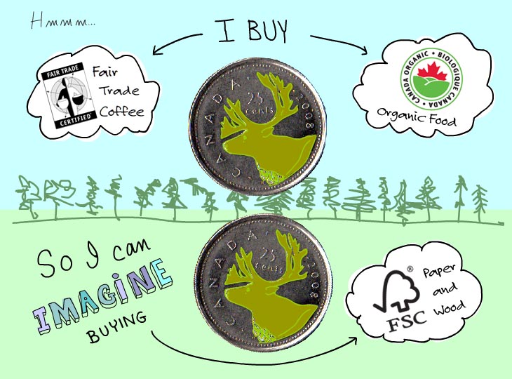 I buy Fairtrade and Organic so I can imagine buying FSC I buy Fairtrade and Organic so I can imagine buying FSC, photo illustration by Franke James, featuring FairTrade logo, Certified Canada Organic Logo and FSC logo