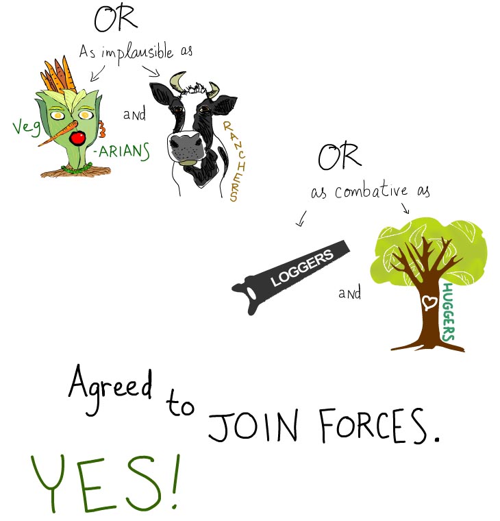 vegetarian and cattle ranchers, loggers and treehuggers vegetarian and cattle ranchers, loggers and treehuggers, illustration by Franke James