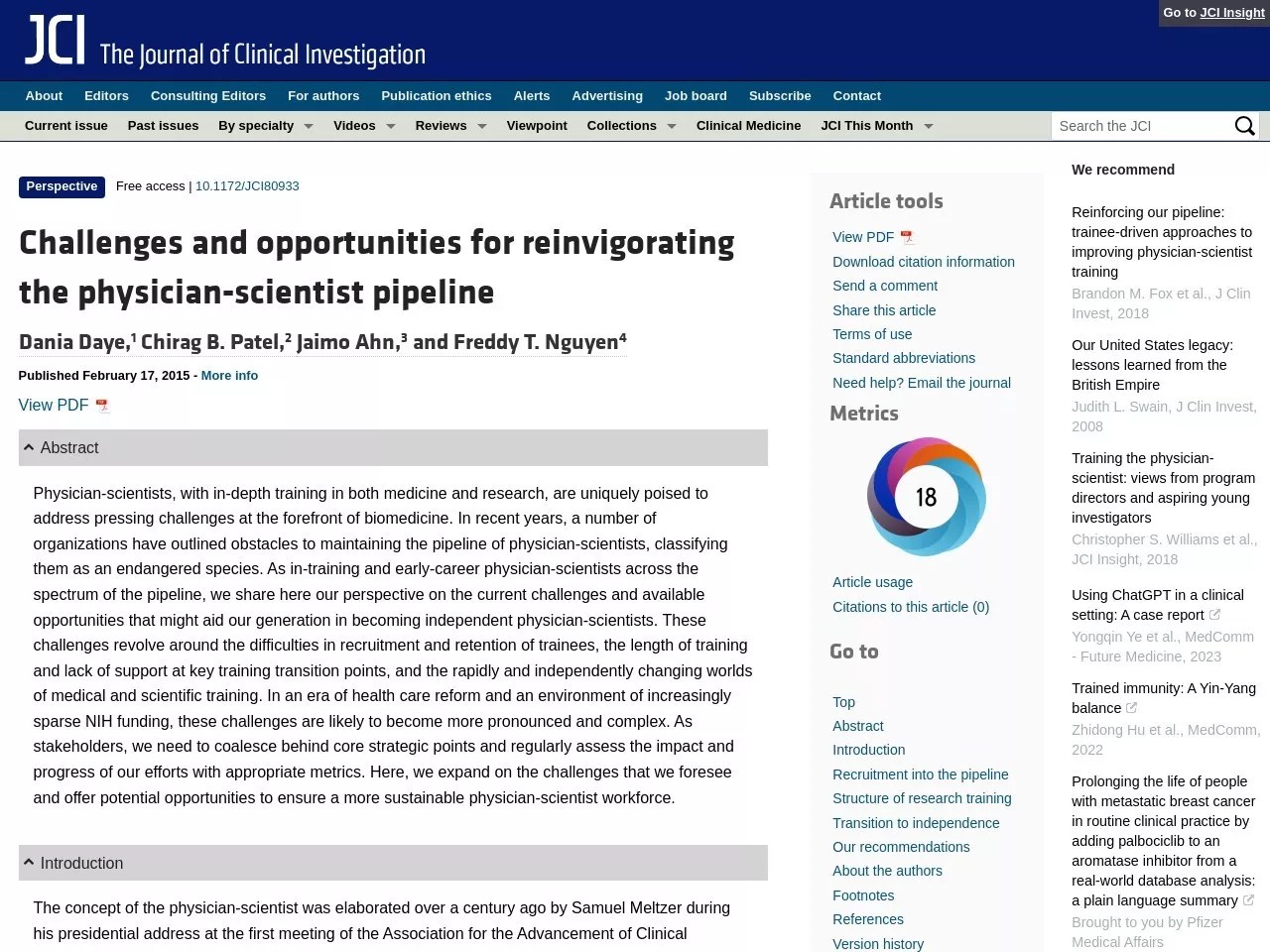 JCI: Challenges and opportunities for reinvigorating the physician-scientist pipeline