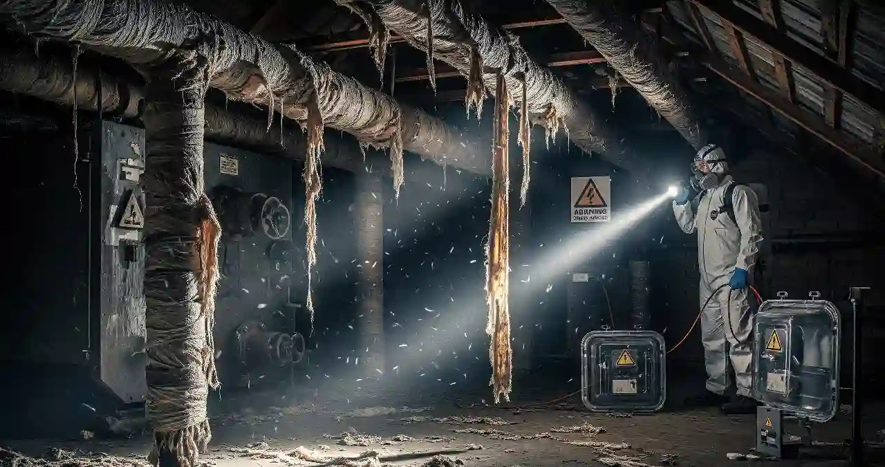 A super hyper-realistic, high-contrast, and tense photograph set in the dimly lit crawlspace of an old building. The scene is centered on a section of corroded, aged pipe wrapped in an off-white, fibrous woven tape. The tape, known as asbestlint, is visibly frayed and deteriorating, with fine, lint-like fibers catching the solitary, sharp beam of a professional-grade flashlight. The light illuminates a cloud of tiny airborne particles and highlights the intricate, deteriorating weave of the material. In the foreground, the gloved hand of a professional inspector or a homeowner is holding a magnifying glass or a camera at a safe distance, capturing a macro shot of the frayed section without touching it. The person's face is obscured by a respirator, emphasizing the danger, but their eyes convey a sense of serious concentration. In the background, partially out of focus, are more pipes and a faint, yellow "Danger: Asbestos Hazard" warning sign. The textures are incredibly sharp and detailed—from the peeling paint and rust on the pipes to the individual fibers of the tape—creating a powerful visual metaphor for a hidden, dangerous threat that requires a professional and cautious approach.