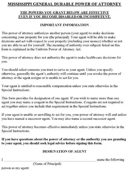 free mississippi power of attorney forms pdf word free printable legal forms