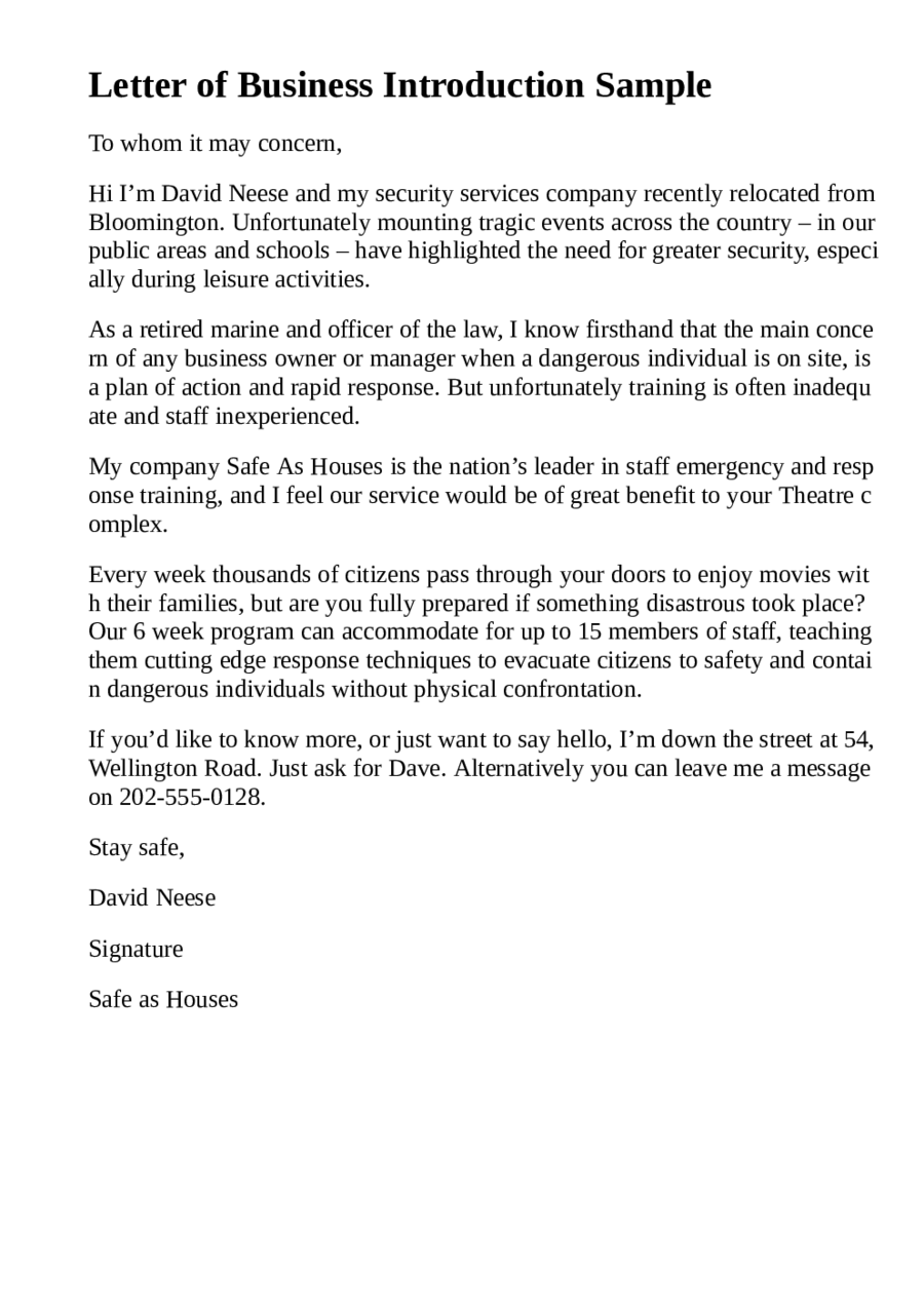 Business Plan Introduction Letter Example