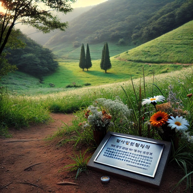 A peaceful hillside with a small memorial plaque placed on the ground, surrounded by flowers in remembrance.