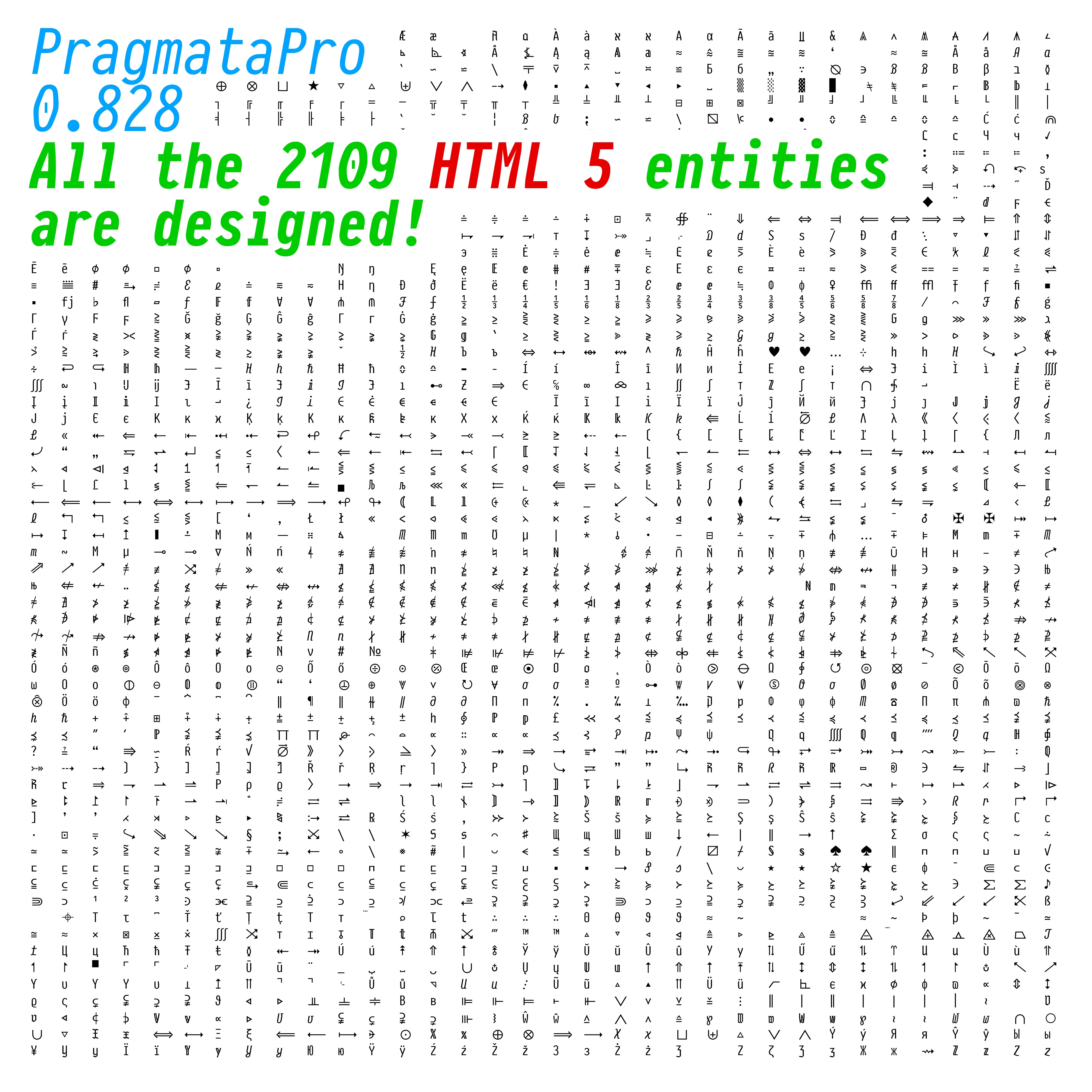 All the 2109 HTML5 entities was designed and available since PragmataPro 0.828