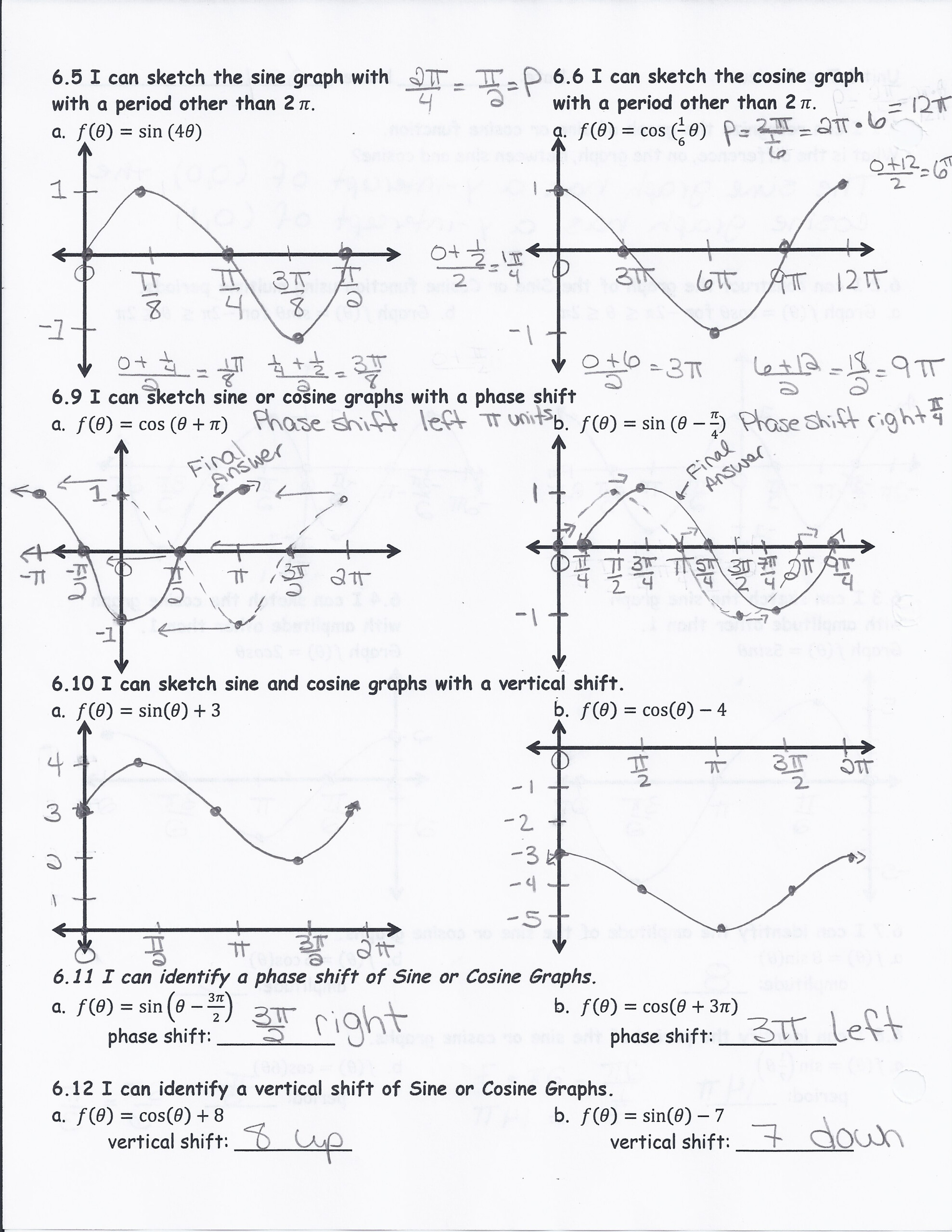 Graphing sine and cosine functions practice worksheet with answers