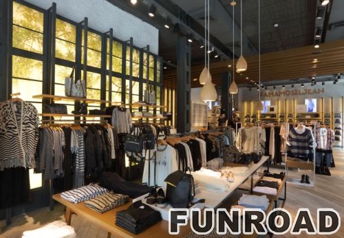 Clothes Shop Interior Designs Wooden Display Tables Metal Rack Displays And Wall Mounted Wood Shelves