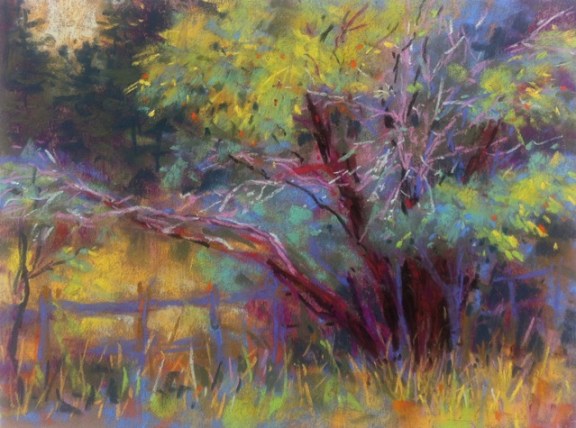 Adding more highlights. I also decided to add a small tree/bush trunk at the far left, feeling it need it. At this point I was beginning to get picky and I felt it was time to stop. I'd have a look at it back in the studio and make any changes there with a fresh eye and hand (o to speak).