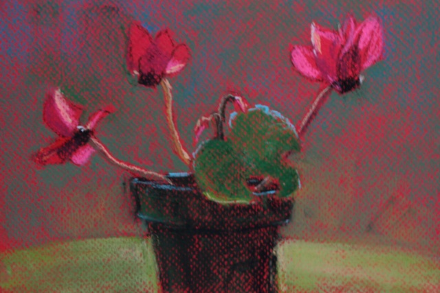 "CYCLAMEN on red," pastel, 6 1/4 x 9 1/2 in