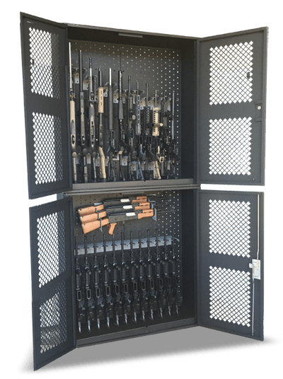 This 14 gun security cabinet features molded barrel rests with included scoped rifle standoffs that will hold long guns in place for a lifetime. Metal Security Gun Cabinets | Weapon Storage Locker