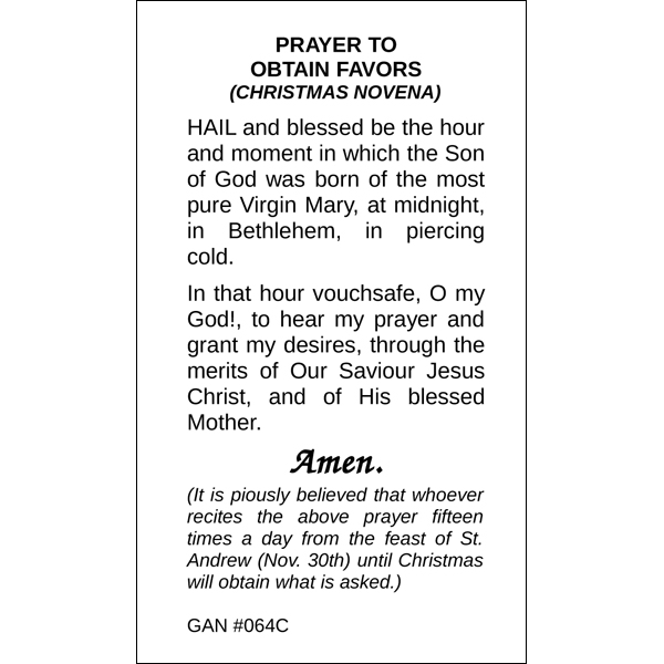 Christmas Novena Prayer Card (C)Prayer to Obtain Favors | Gannon's