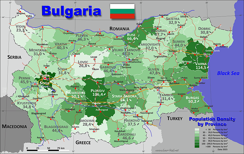 Map Bulgaria Popultion Density By Division Bulgaria 