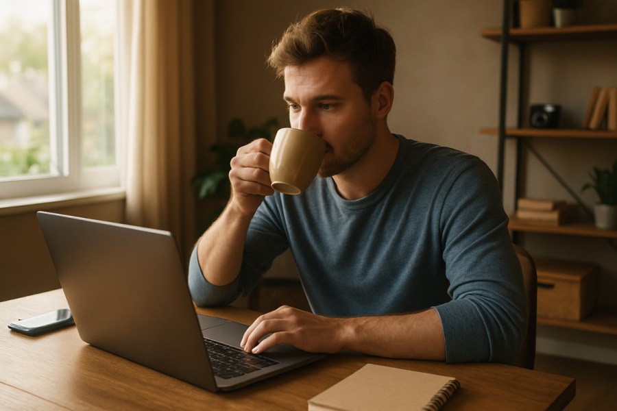 Person at home office desk with coffee, laptop, and daily checklist for a work from home routine
