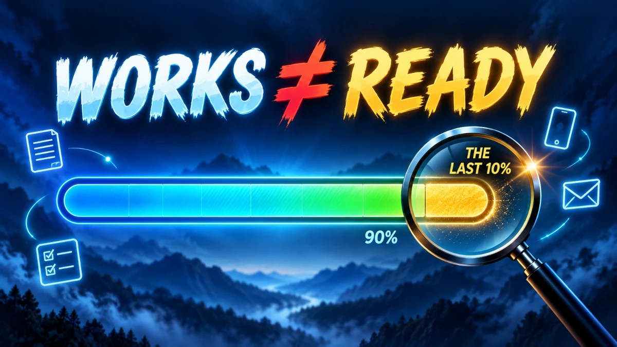 Progress bar at 90% with a magnifying glass highlighting the final 10% before a project is truly ready.