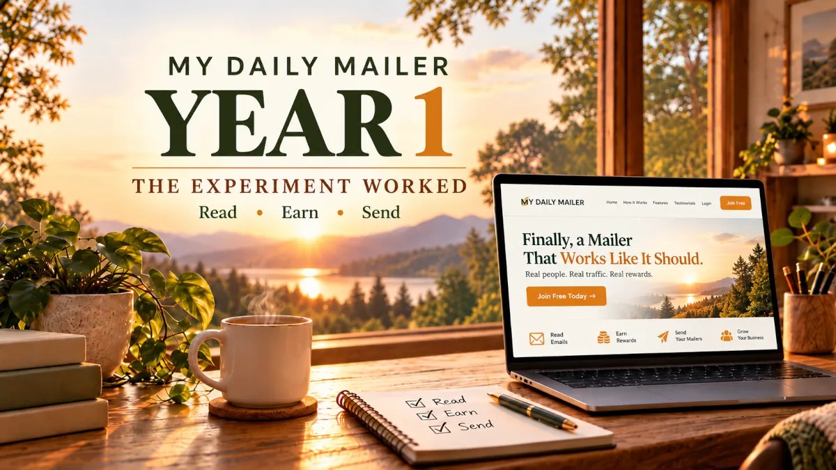 My Daily Mailer Year 1 featured image with a morning workspace, coffee, laptop, and sunrise view