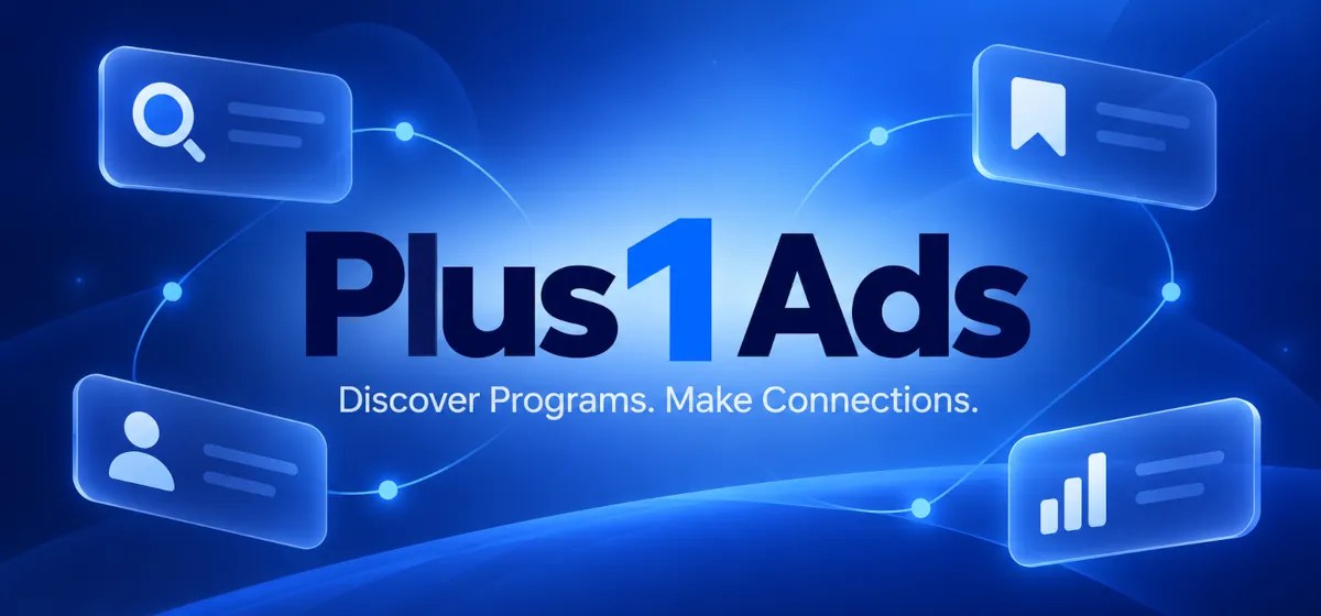 Plus 1 Ads logo with connected icons representing program discovery, sponsors, portfolios, and results.