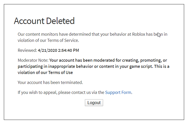 Roblox Account Banned Steps To Get Back Your Account Account Deleted 