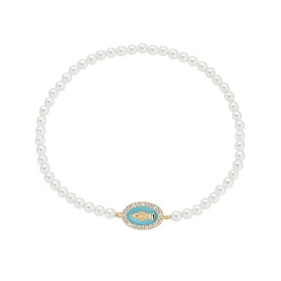 Bracciale di Perle con Medaglia Miracolosa Dorata e Smalto Verde Mare
