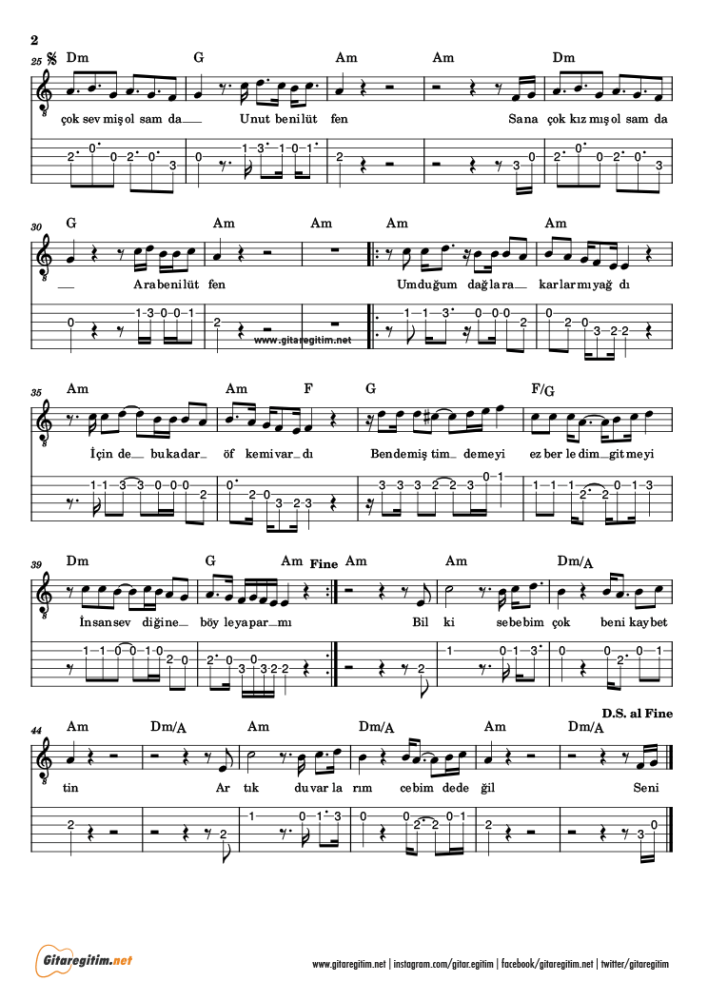 Ara Beni Lütfen - Gitar Nota ve Tab - 2
