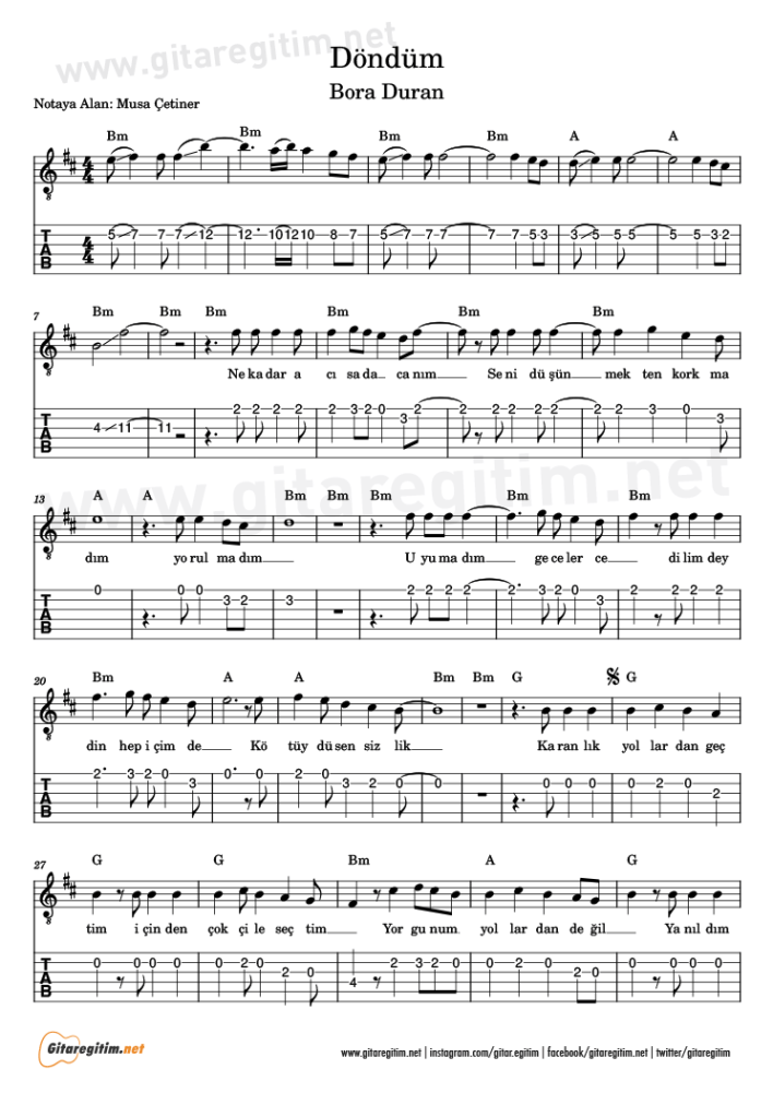 Döndüm şarkısının gitar tabı. 1. Sayfa