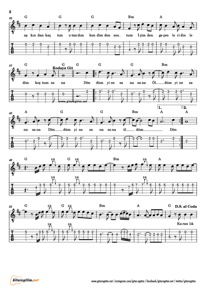 Döndüm şarkısının gitar tabı. 2. Sayfa