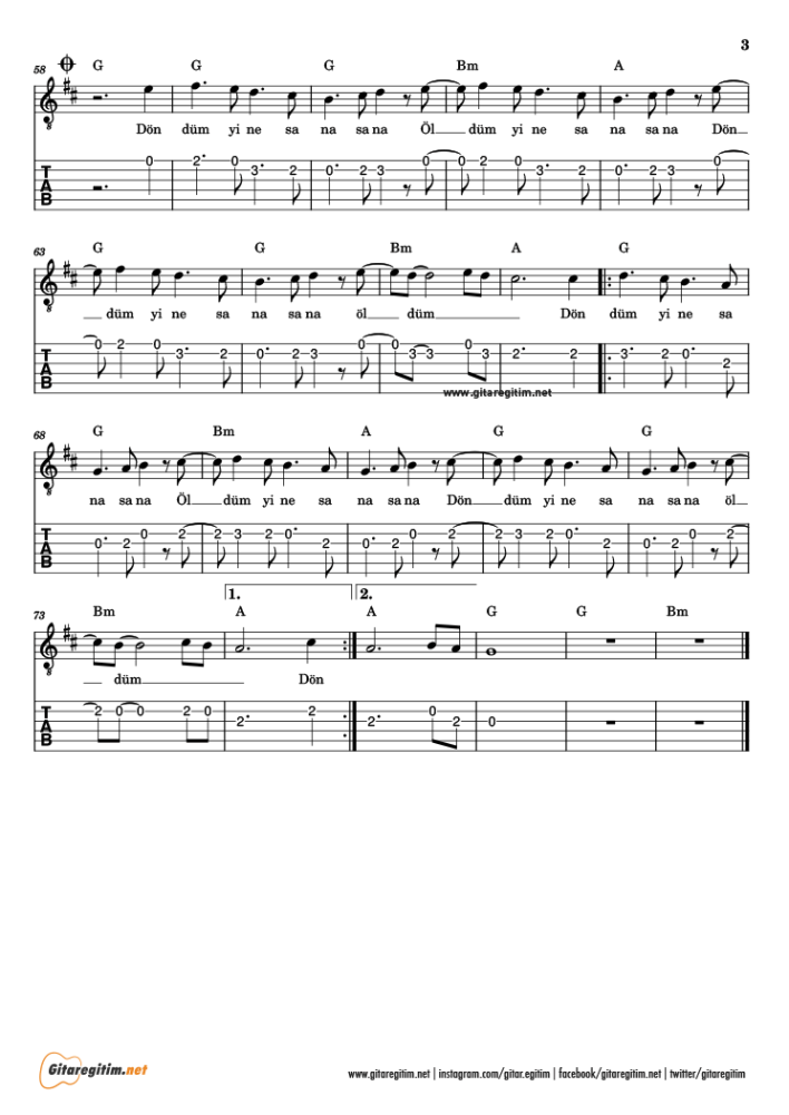 Döndüm şarkısının gitar tabı. 3. Sayfa