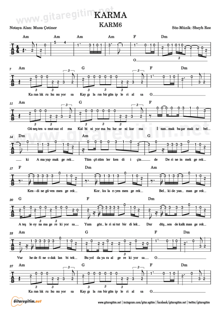 KARMA şarkısını gitar tabı. 1. Sayfa