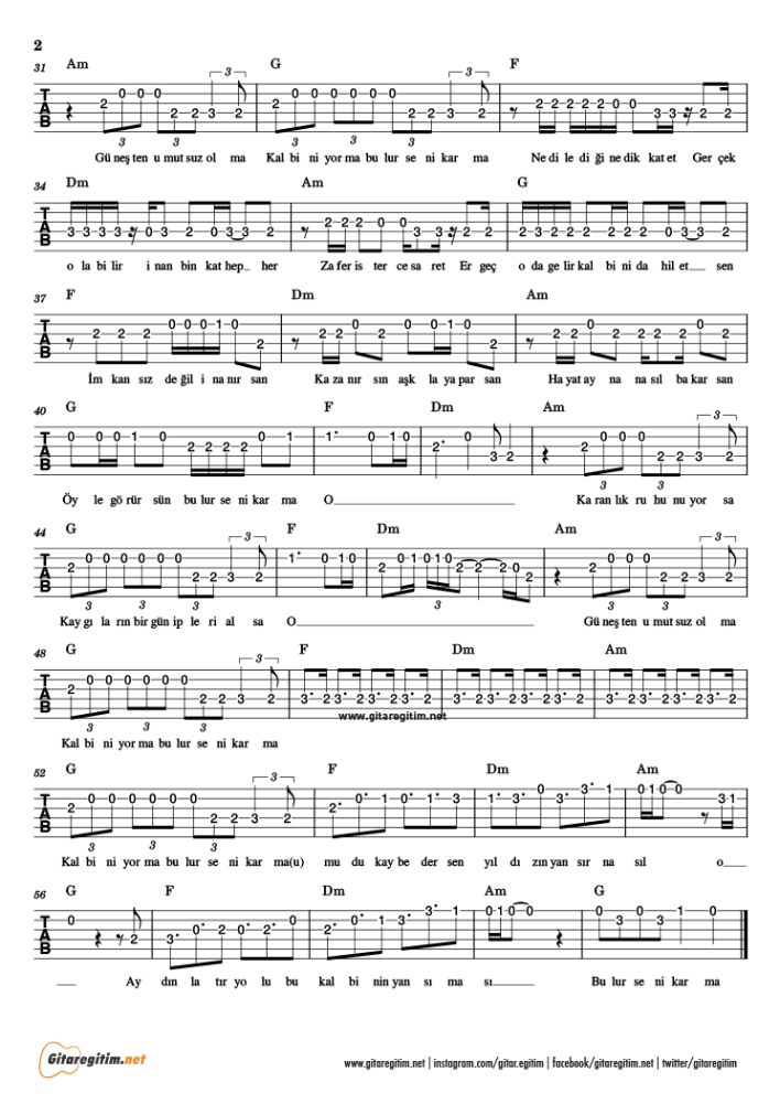KARMA şarkısını gitar tabı. 2. Sayfa
