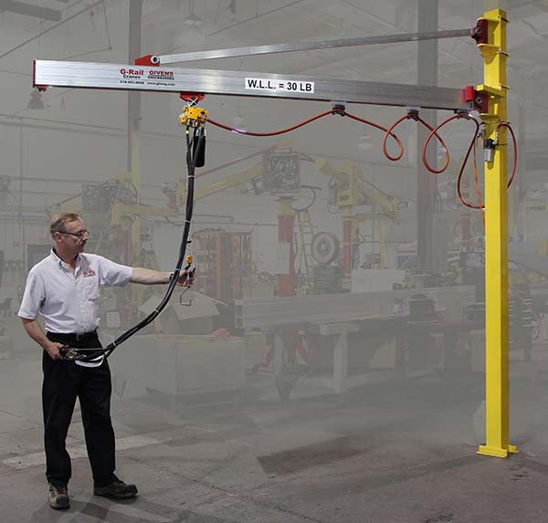 jib crane attached to one column of a bridge crane with hook as end effector