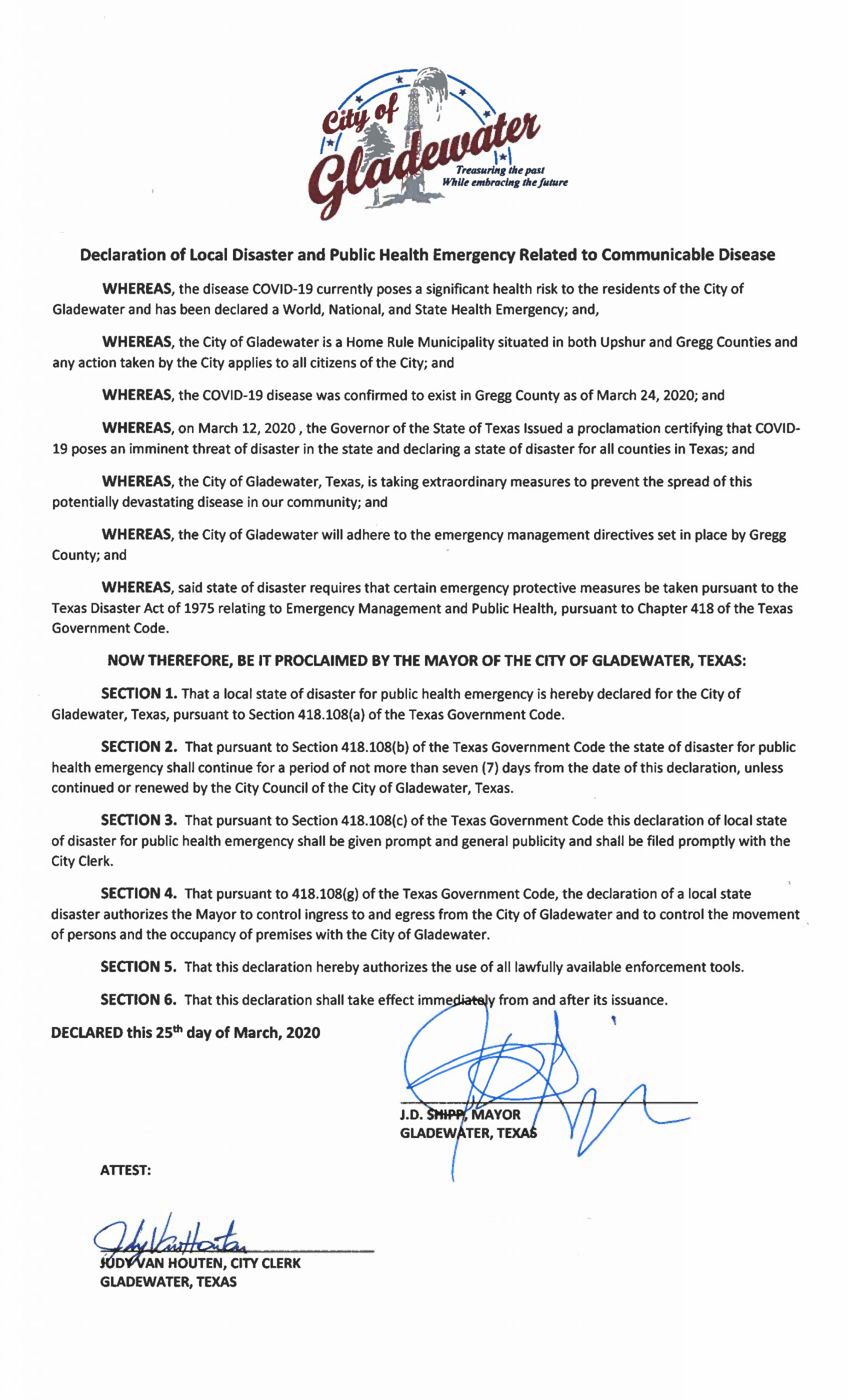 Emergency declaration means a declaration of a public health emergency under section 104 (a) of the comprehensive environmental response, compensation, and liability act of 1980. Gladewater mayor issues disaster declaration - Gladewater Mirror