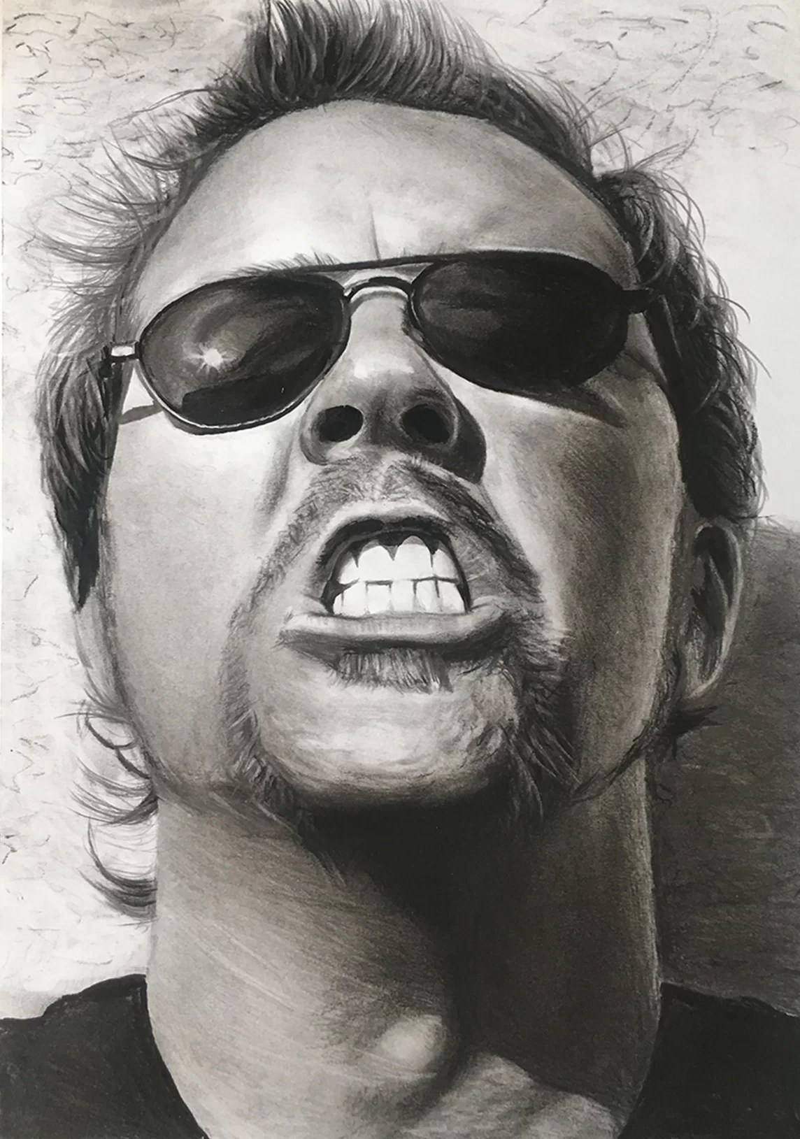 A photo-realistic pencil and charcoal portrait drawing of James Hetfield from the heavy metal band Metallica