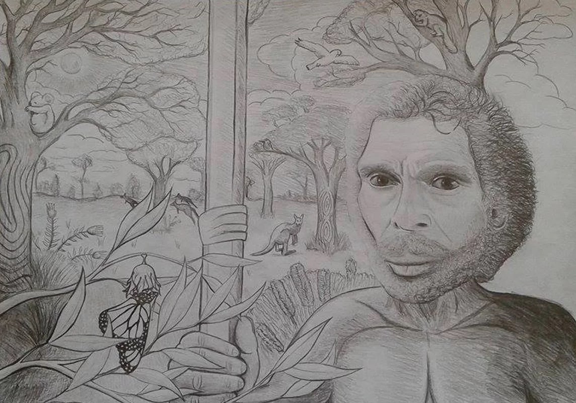 A pencil sketch of an aboriginal in the Australian outback