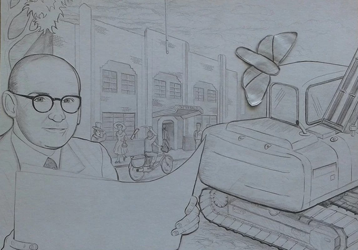 A pencil sketch of Brian O'Donnell for a mural located in Newcastle, Australia