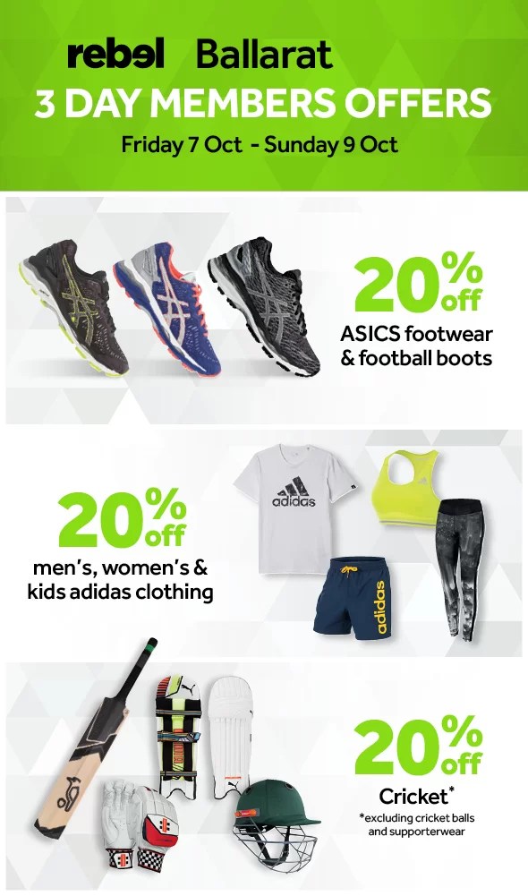 A Rebel email design that is featuring cricket gear and footwear