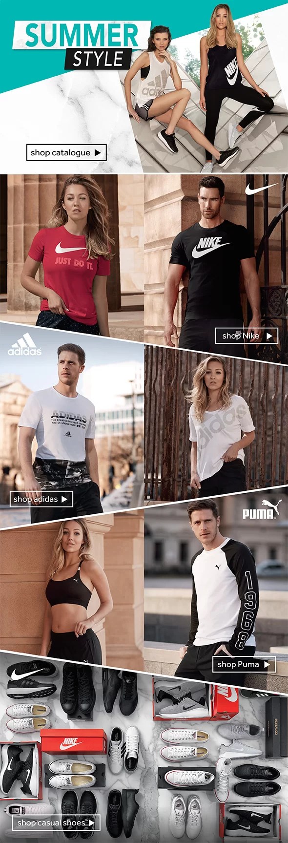 A Rebel email design that is featuring Nike and Puma sports clothes and footware for men and woman