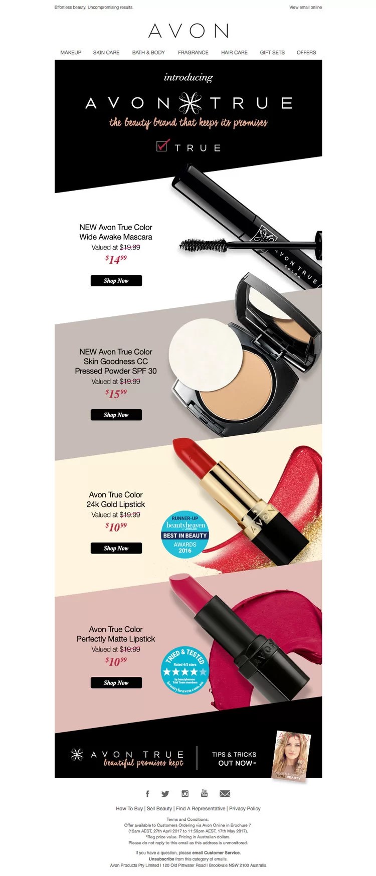 An email design that is featuring the Avon True Product range