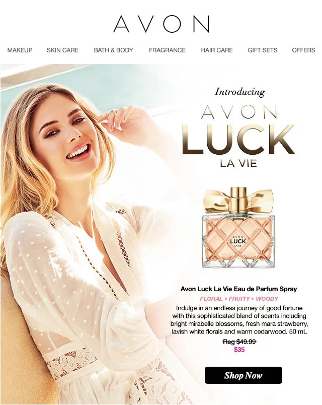 An email design that is featuring Avon Luck Makeup