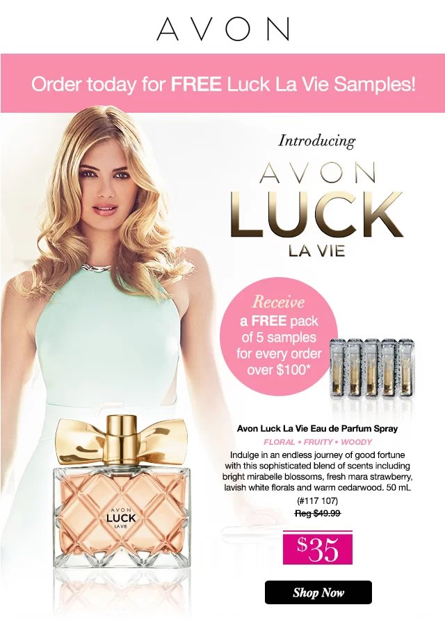 An email design that is featuring Avon Luck Makeup with a blonde woman on the left