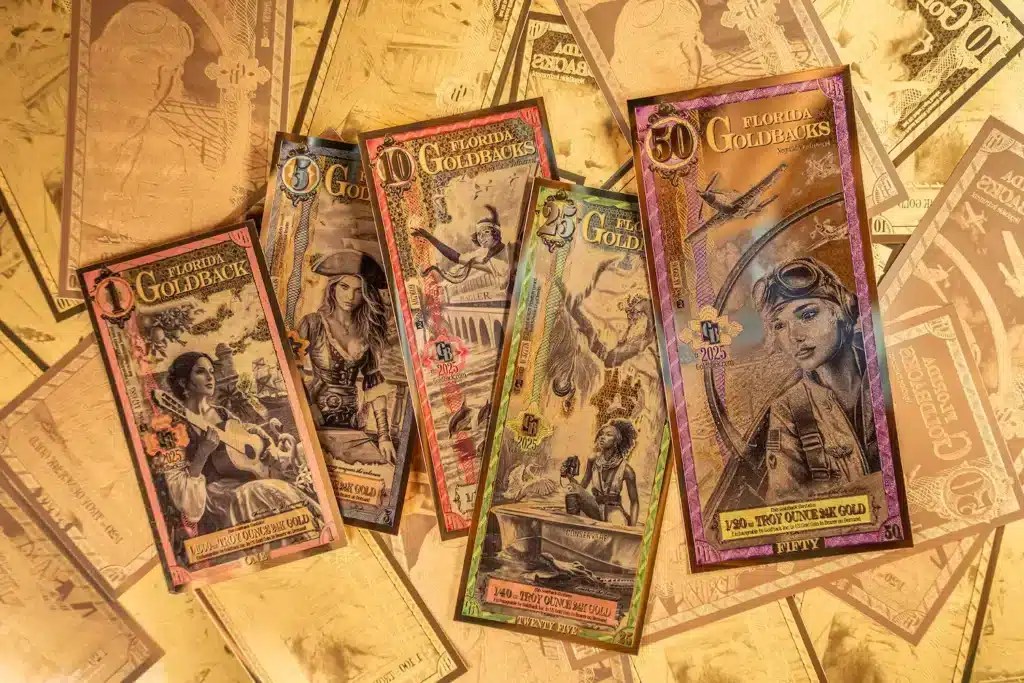 Goldback fractional 24K gold currency shown in multiple denominations, a spendable and portable form of physical gold