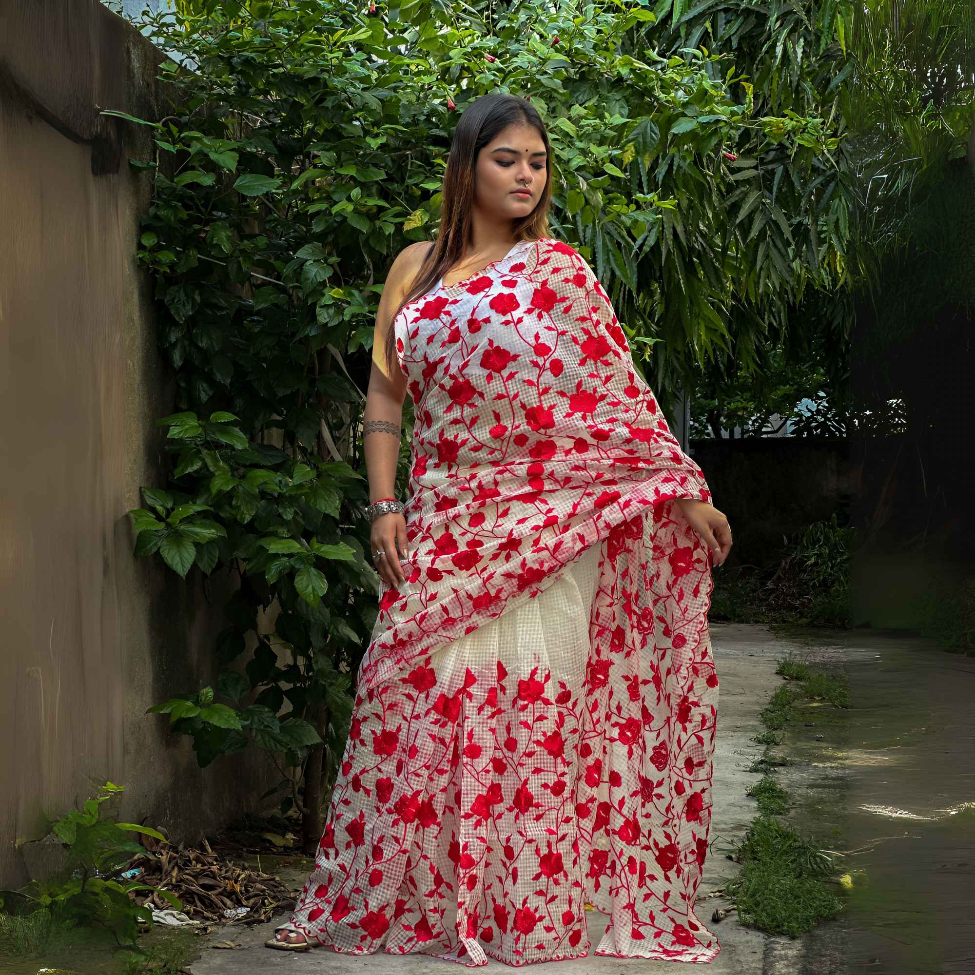 red white resham check saree (copy)