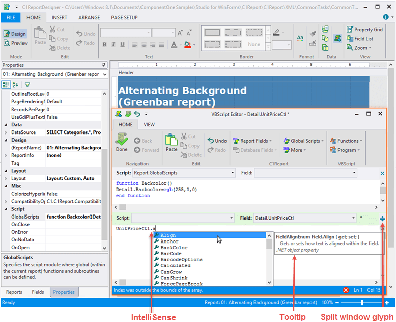Working with VBScript | Reports for WinForms | ComponentOne