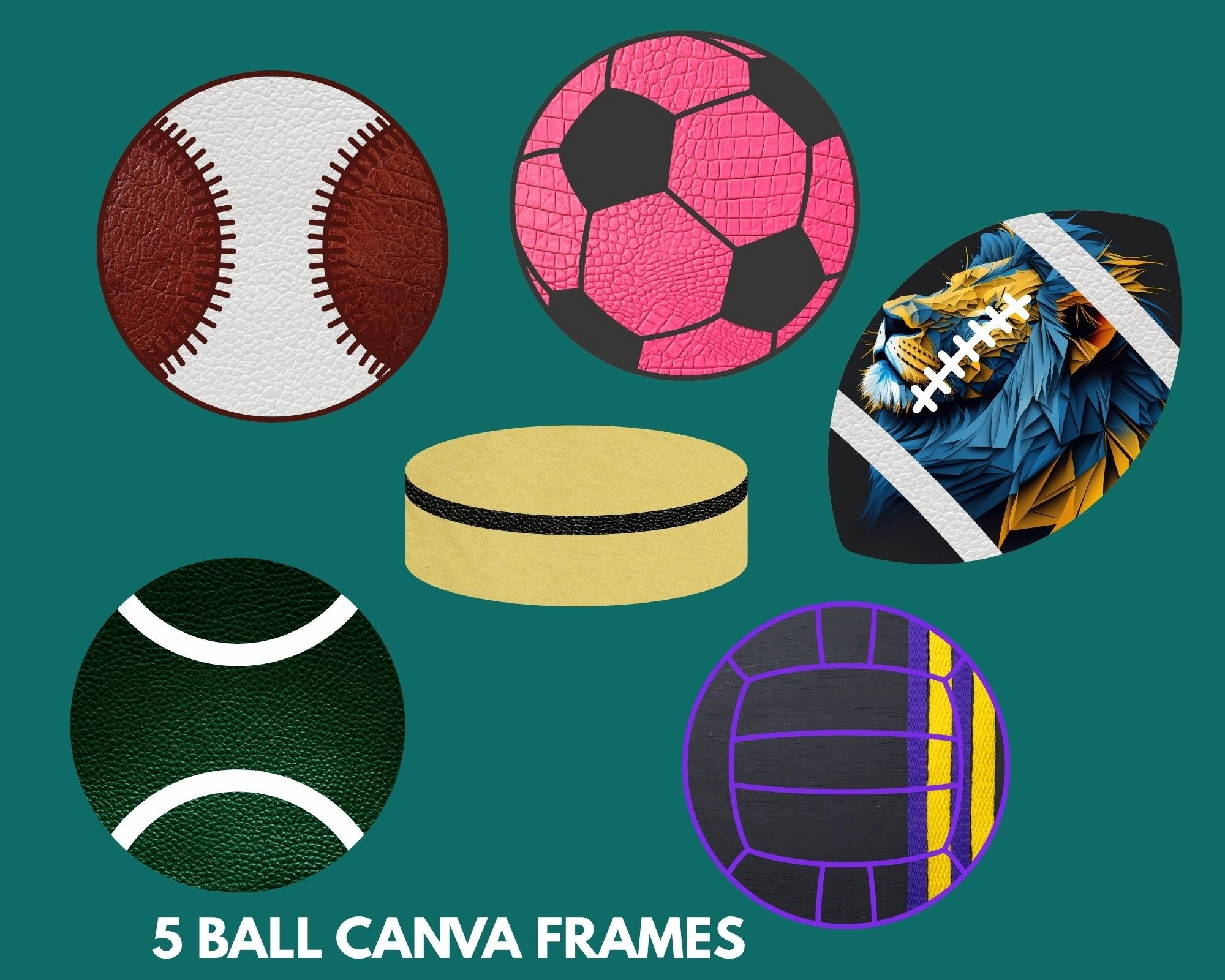Basketball Baseball Football Soccer Softball Ball Frames Ice Hockey Puck Canva Template Custom Frames Editable, Illustration Bundle
