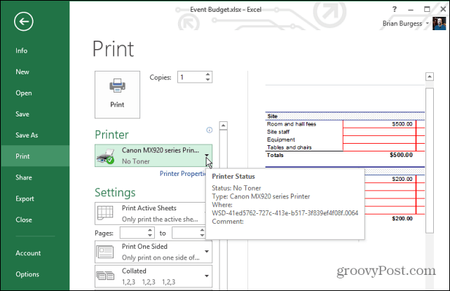 Print selected worksheets excel