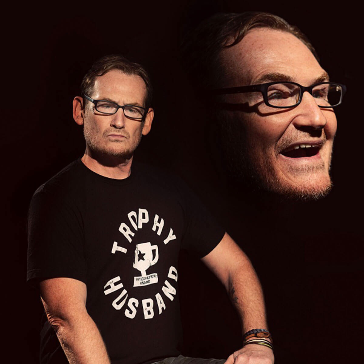 Two portraits of Bob Smiley against a black background. One of him looking straight on at the camera with a serious face, another of his profile, smiling.