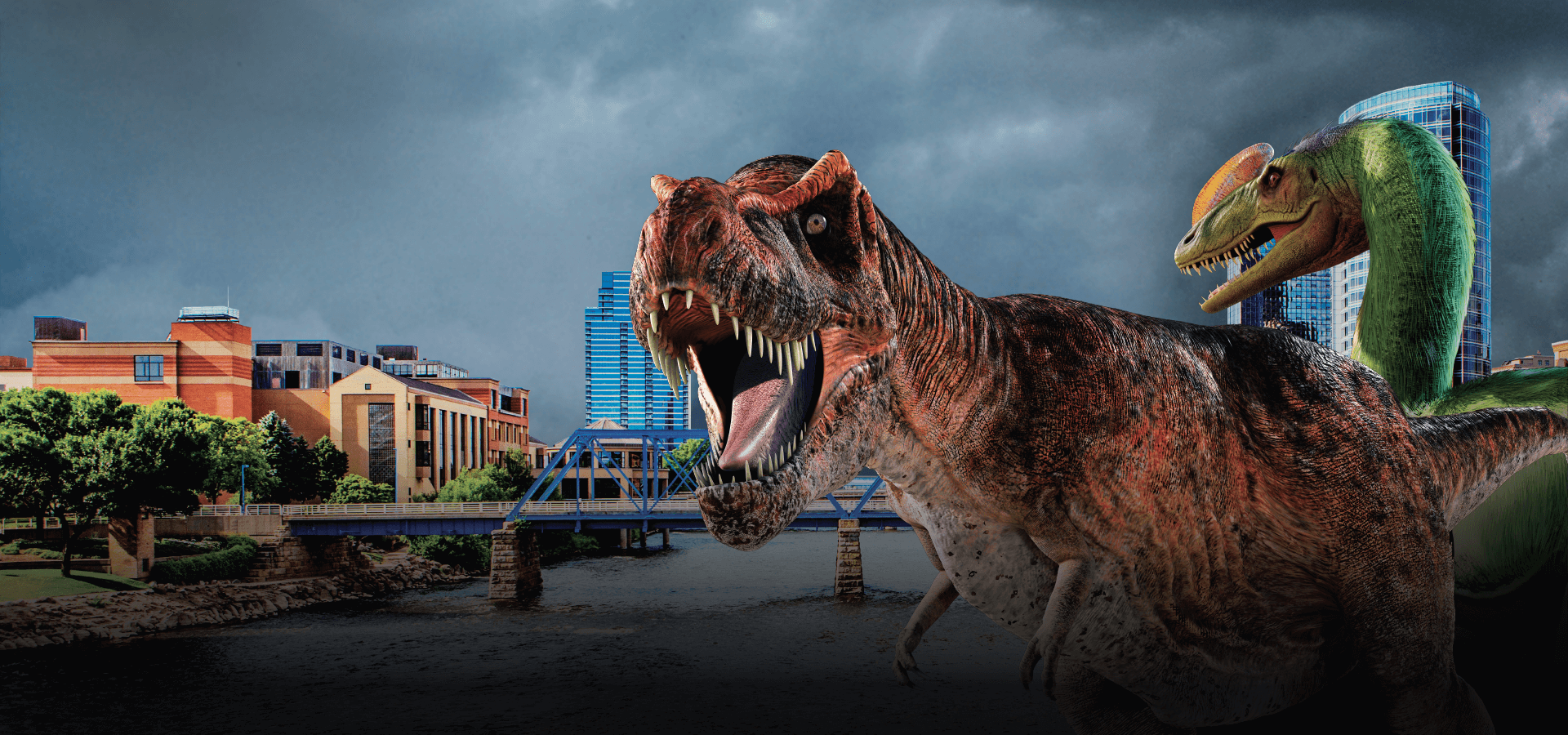 Two tyrannosaurs in the foreground against a backdrop of cloudy skies and a downtown Grand Rapids scene with the Blue Bridge and Museum.