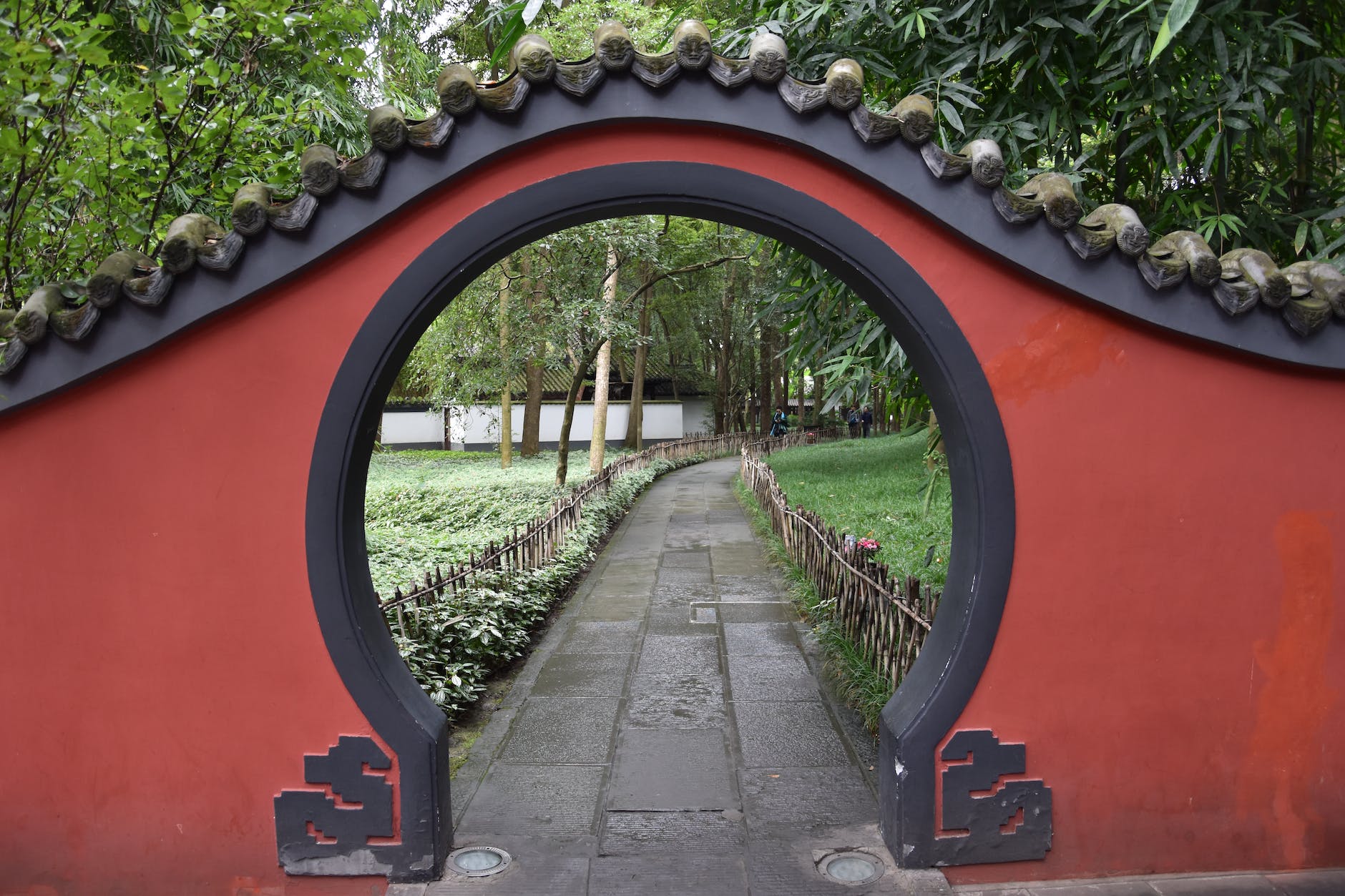 traditional chinese round entrance to a garden at du fu thatched cottage