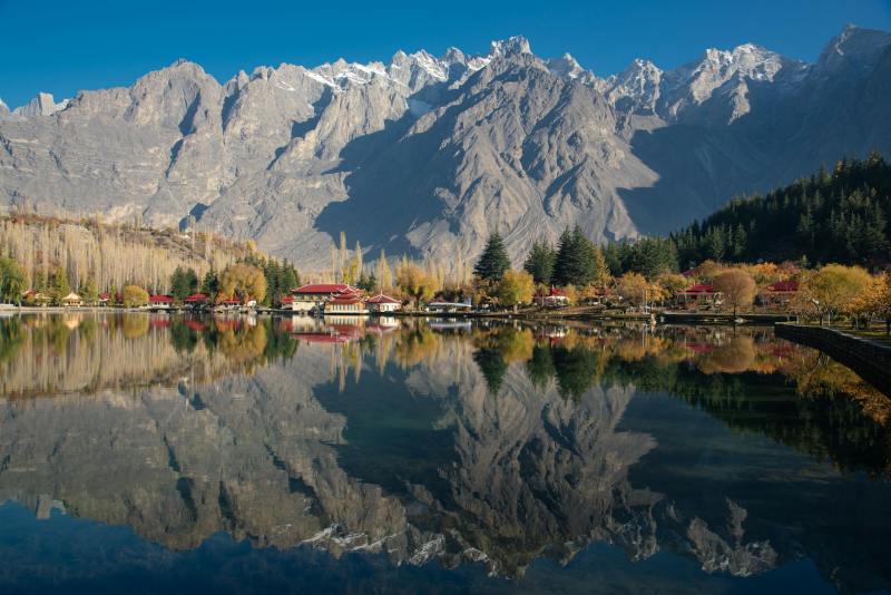 resort on the shore of lower kachura lake at the foot of the himalayas